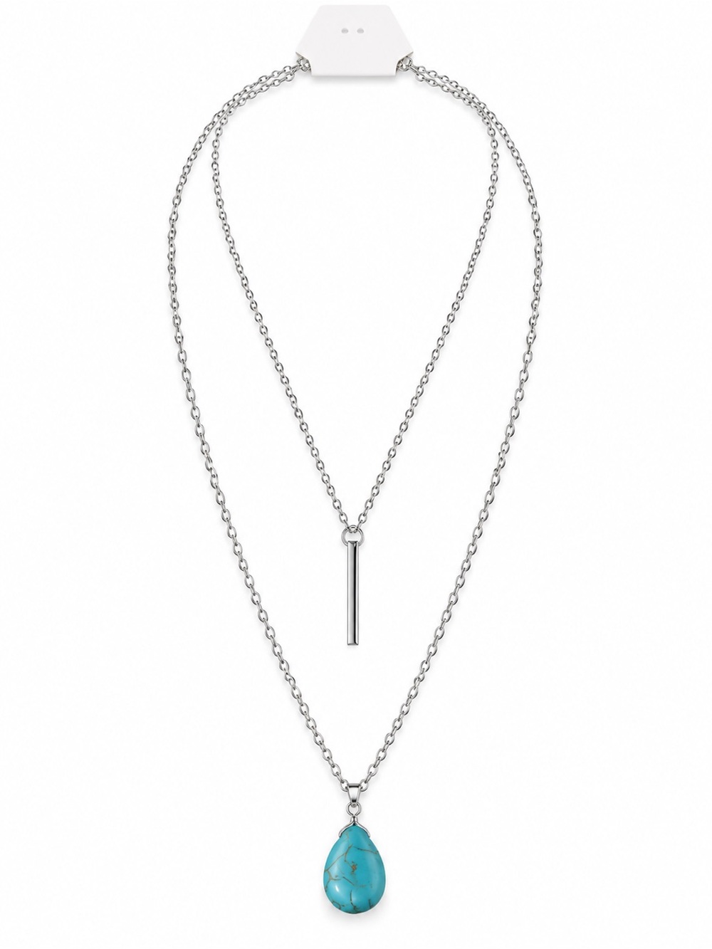 Silver Layered Necklace with Turquoise Teardrop Pendant